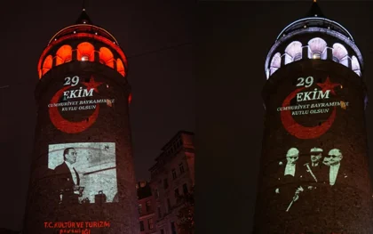Cumhuriyet’in 103 yıllık ışığı Galata Kulesi’ni aydınlattı
